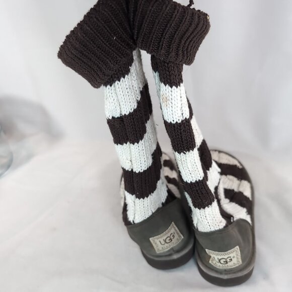 UGG Australia Striped Knit Sock Boots Brown Cream White Women US 7 Leather 5822 - Picture 4 of 15